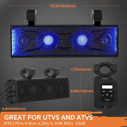 17 In. 4-Speaker UTV/ATV Soundbar Waterproof Bluetooth Connectivity with Multicolor LED Lighting