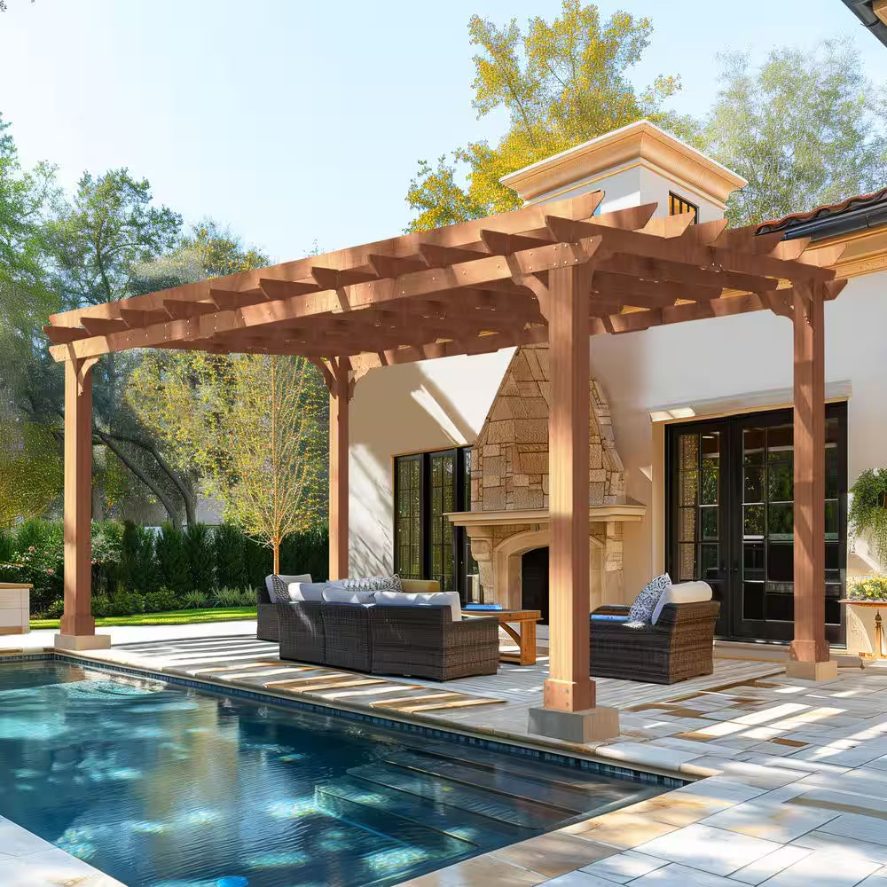16 Ft. W X 12 Ft. D Cedar Wood Patio Pergola Shade Structure for Outdoor, Brown