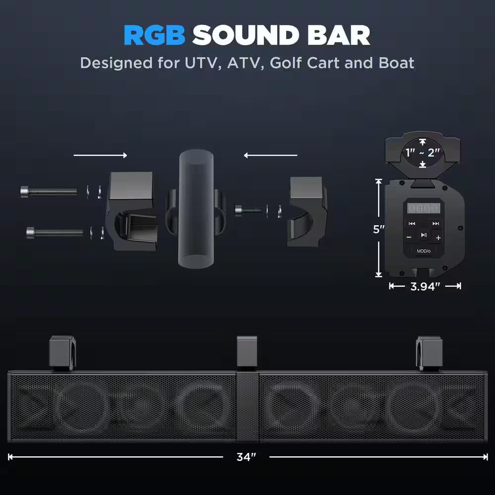 34 In. 2.0 Channel UTV/ATV Bluetooth Amplified Soundbar IP66 Waterproof with RGB Lighting, Powersports SXS Sound Bar