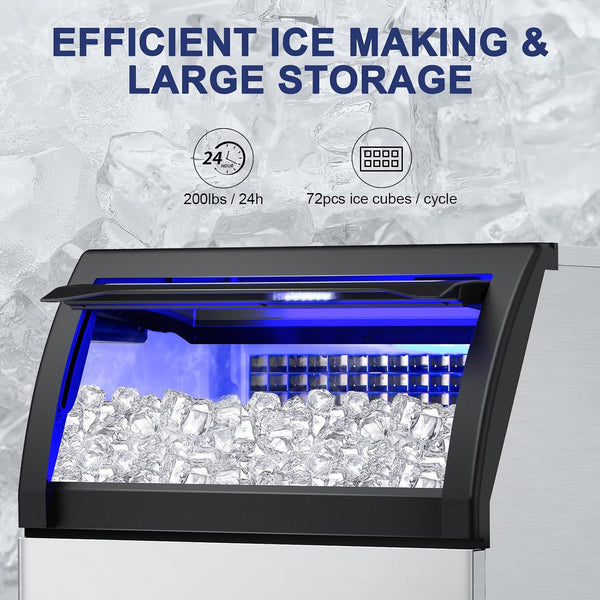 Commercial Ice Maker Machine 200Lbs/24H, 72Pcs Ice Cubes under Counter Ice Maker with Water Line and Filter, Freestanding Ice Maker Machine with 55Lbs Storage Ice Bin for Home/Shop/Office/Bar