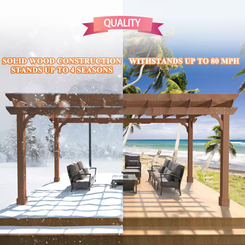 16 Ft. W X 12 Ft. D Cedar Wood Patio Pergola Shade Structure for Outdoor, Brown