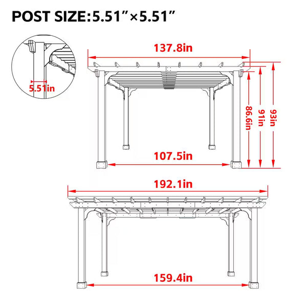 16 Ft. W X 12 Ft. D Cedar Wood Patio Pergola Shade Structure for Outdoor, Brown