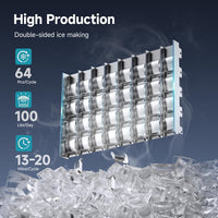 Commercial Ice Maker Machine, Freestanding, Moon-Shaped Ice, 100 Lbs/24H, 33 Lbs Storage Bin, Stainless Steel, for Home/Bar/Cafe/Restaurant