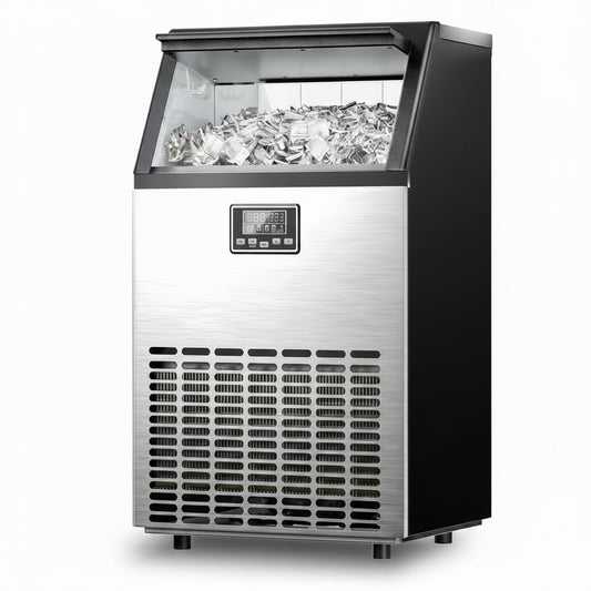 Commercial Ice Maker Machine, Freestanding, Moon-Shaped Ice, 100 Lbs/24H, 33 Lbs Storage Bin, Stainless Steel, for Home/Bar/Cafe/Restaurant