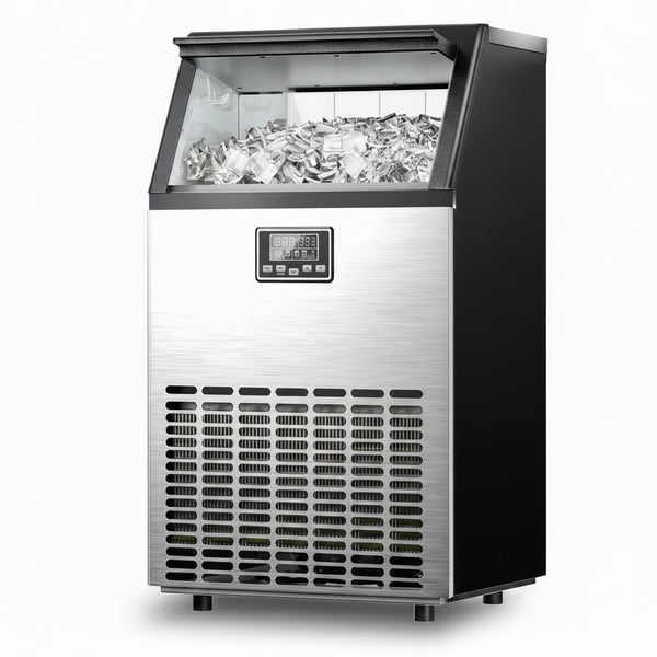 Commercial Ice Maker Machine, Freestanding, Moon-Shaped Ice, 100 Lbs/24H, 33 Lbs Storage Bin, Stainless Steel, for Home/Bar/Cafe/Restaurant