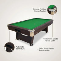 Pool Table Designed for Home Game Rooms, 8-Foot Full Size, Automatic Ball Return, Complete Accessory Set — infographic